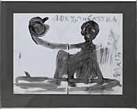 Figur, sitzend, mit ausgestrecktem Arm, mit Geheimschrift, Tuschezeichnung, 1991, 14.4.1991, 48 x 35,5 cm