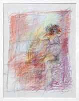 Figur, sitzend, vor rosa Hintergrund, Zeichnung, Kreide, 1989, 03-89-06, 18 x 23 cm